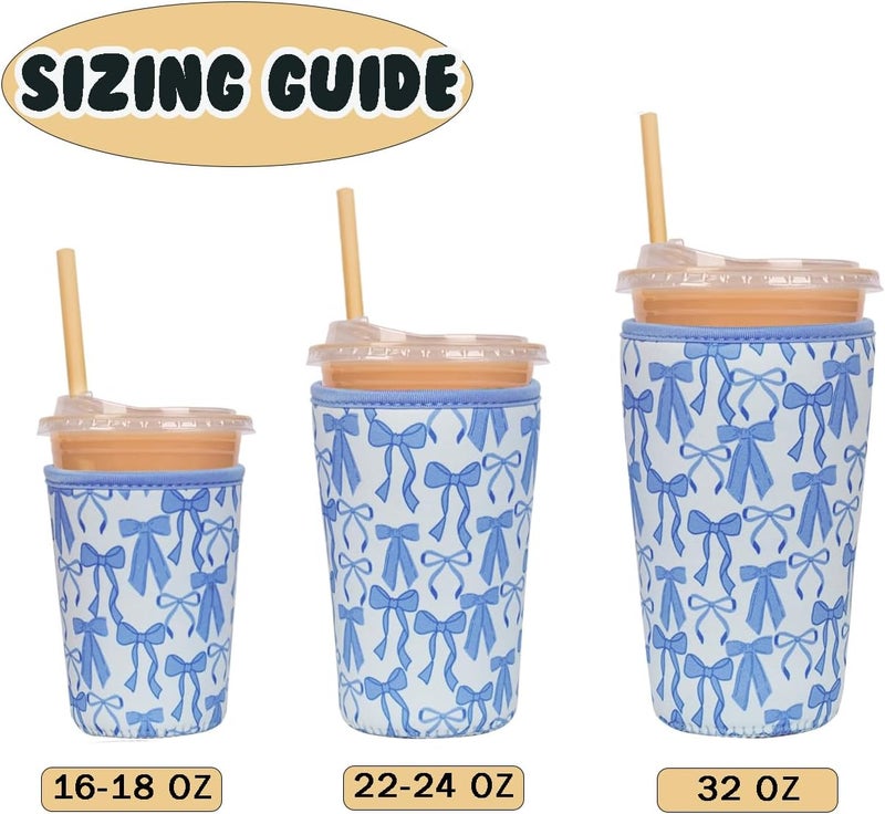 Haevola Reusable Insulated Neoprene Iced Coffee Cup Sleeve, Durable Drink Sleeve for Cold Beverages, Beverage Holder for Iced Coffee, Blue Bows - Image 5